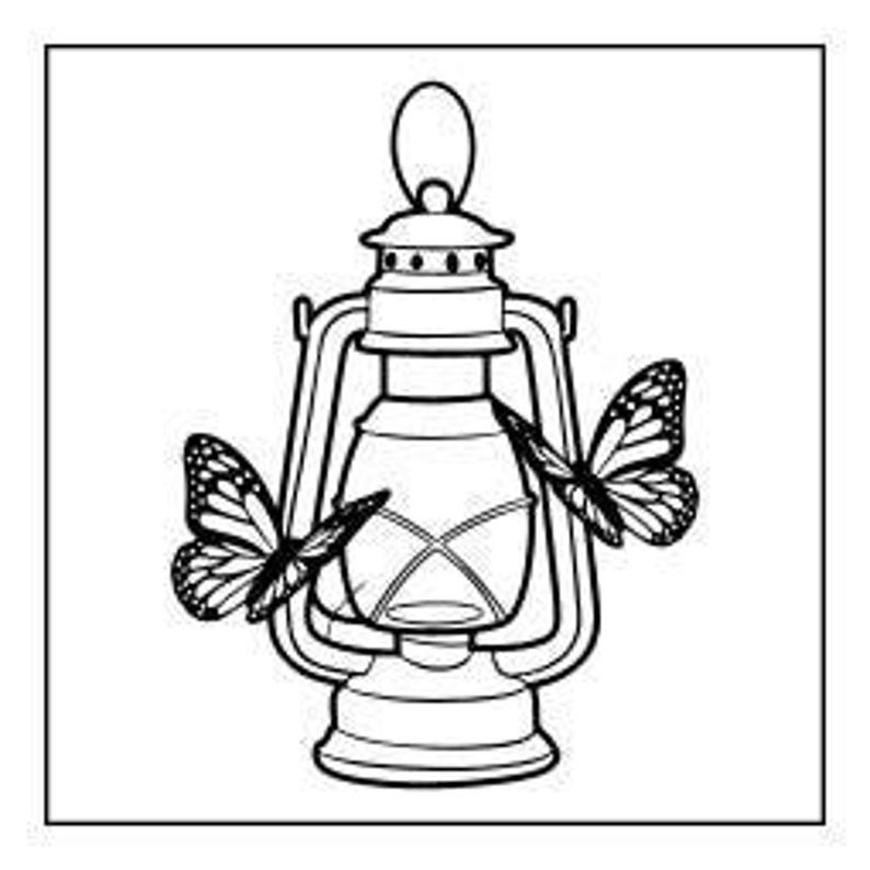 A line drawing of an old-fashioned lantern with two butterflies on it.
