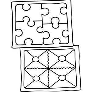 May include: A black and white line drawing featuring two square tiles. The top tile is composed of four interlocking puzzle pieces. The bottom tile is divided into four triangular sections by diagonal lines, each containing a central circle.