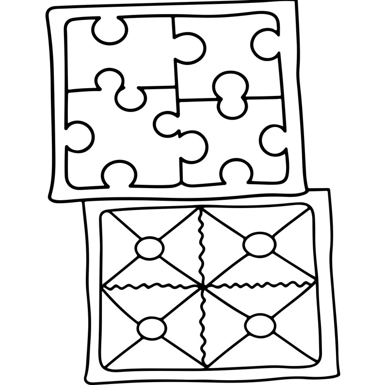 May include: A black and white line drawing featuring two square tiles. The top tile is composed of four interlocking puzzle pieces. The bottom tile is divided into four triangular sections by diagonal lines, each containing a central circle.