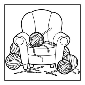 May include: A black and white line art illustration of an armchair surrounded by multiple balls of yarn and several knitting needles. The yarn balls are positioned on the seat and around the base of the chair, with needles resting nearby.