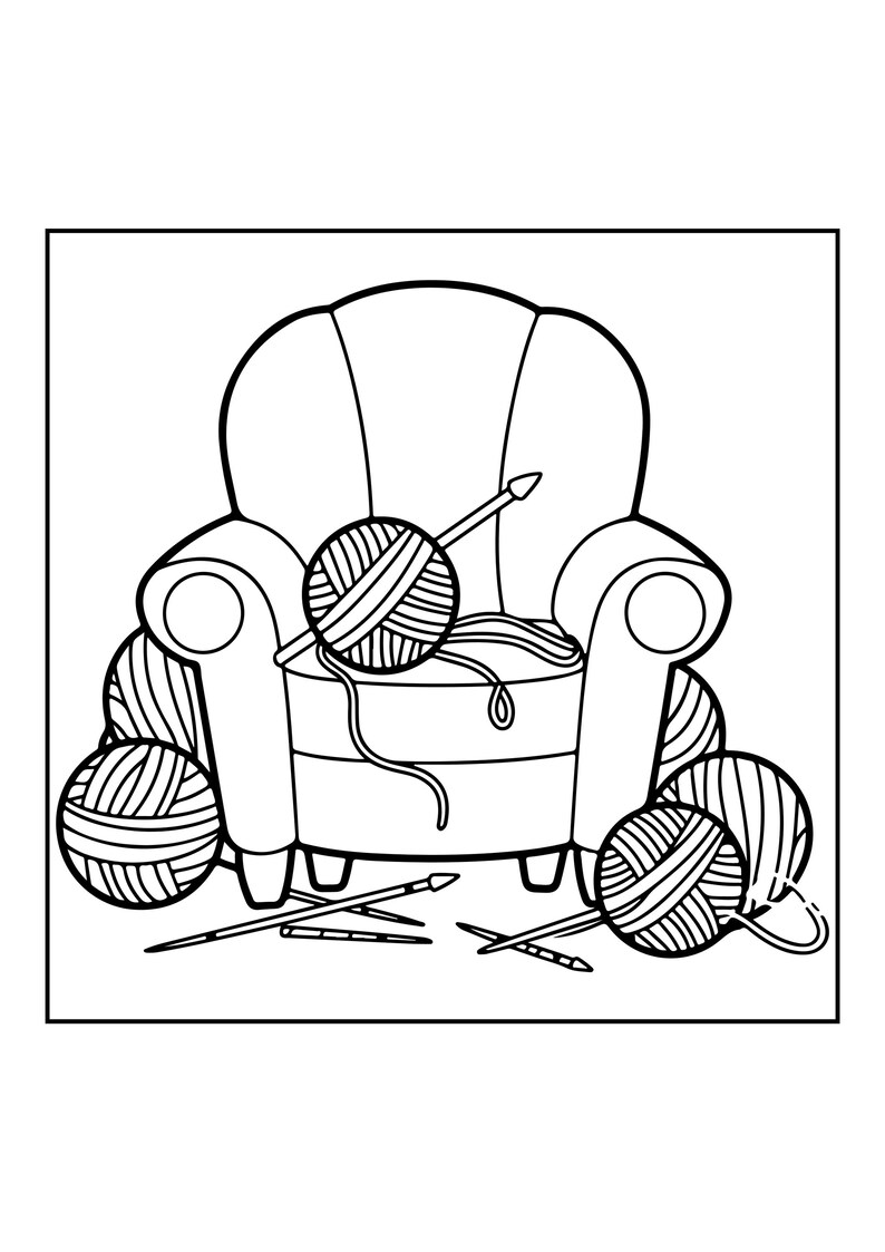 May include: A black and white line art illustration of an armchair surrounded by multiple balls of yarn and several knitting needles. The yarn balls are positioned on the seat and around the base of the chair, with needles resting nearby.