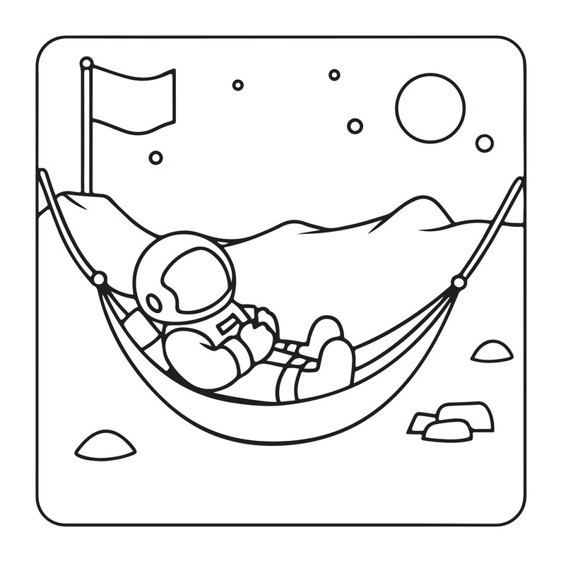 May include: A black and white line art illustration of an astronaut in a spacesuit resting in a hammock. The scene is set on a lunar surface with a flag planted on a hill, a circular planet in the sky, and scattered rocks on the ground.