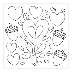 Pode incluir: Uma ilustra&ccedil;&atilde;o de arte linear em preto e branco apresentando uma flor central em forma de cora&ccedil;&atilde;o com folhas, rodeada por tr&ecirc;s bolotas com chap&eacute;us texturizados e cinco cora&ccedil;&otilde;es adicionais de v&aacute;rios tamanhos dentro de uma moldura quadrada.
