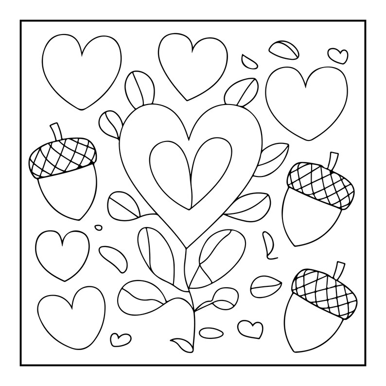 Pode incluir: Uma ilustra&ccedil;&atilde;o de arte linear em preto e branco apresentando uma flor central em forma de cora&ccedil;&atilde;o com folhas, rodeada por tr&ecirc;s bolotas com chap&eacute;us texturizados e cinco cora&ccedil;&otilde;es adicionais de v&aacute;rios tamanhos dentro de uma moldura quadrada.