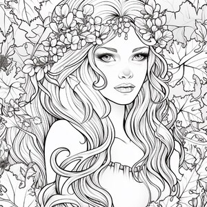 May include: A black and white line art coloring page illustration featuring a person with long wavy hair adorned with a floral crown. The figure is surrounded by detailed foliage, including various leaves and vines, creating a dense botanical frame.