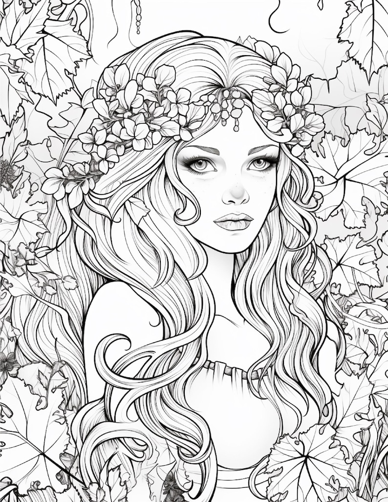 May include: A black and white line art coloring page illustration featuring a person with long wavy hair adorned with a floral crown. The figure is surrounded by detailed foliage, including various leaves and vines, creating a dense botanical frame.