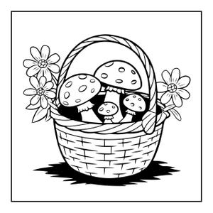 May include: A black and white line art illustration of a woven basket filled with three spotted mushrooms of varying sizes. The basket features a prominent arched handle and is decorated with clusters of simple flowers on both the left and right sides.