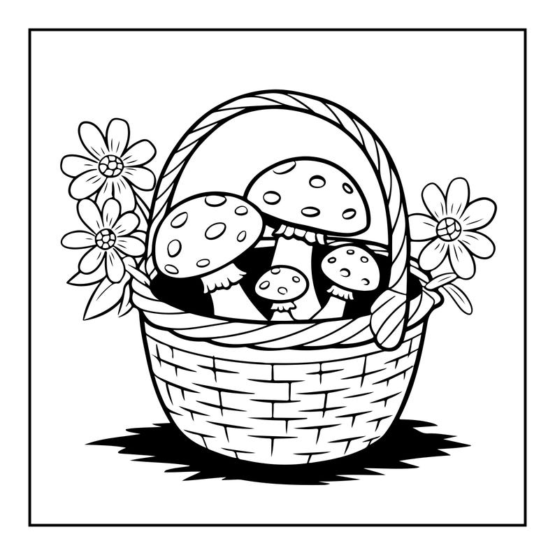 May include: A black and white line art illustration of a woven basket filled with three spotted mushrooms of varying sizes. The basket features a prominent arched handle and is decorated with clusters of simple flowers on both the left and right sides.