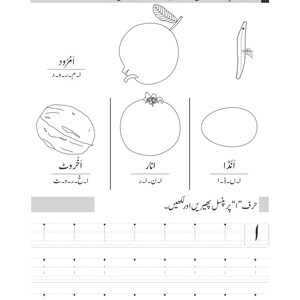 A printable Urdu worksheet page featuring tracing exercises for the letter Alif along with outlined illustrations of a walnut, pomegranate, and egg.