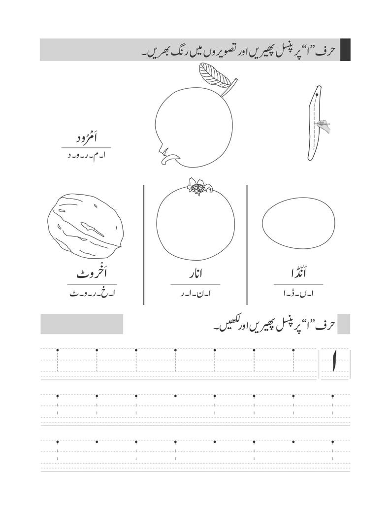 A printable Urdu worksheet page featuring tracing exercises for the letter Alif along with outlined illustrations of a walnut, pomegranate, and egg.