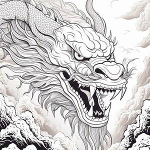 Puede incluir: Una ilustraci&oacute;n en blanco y negro de una cabeza de drag&oacute;n con un cuerpo largo y serpentino. El drag&oacute;n presenta dientes afilados, un hocico prominente y bigotes fluidos, rodeado de nubes y olas estilizadas en un estilo de dibujo a tinta.