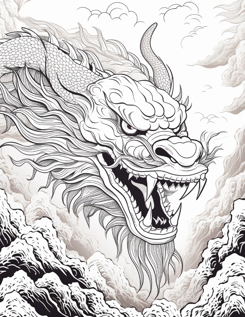 Puede incluir: Una ilustraci&oacute;n en blanco y negro de una cabeza de drag&oacute;n con un cuerpo largo y serpentino. El drag&oacute;n presenta dientes afilados, un hocico prominente y bigotes fluidos, rodeado de nubes y olas estilizadas en un estilo de dibujo a tinta.