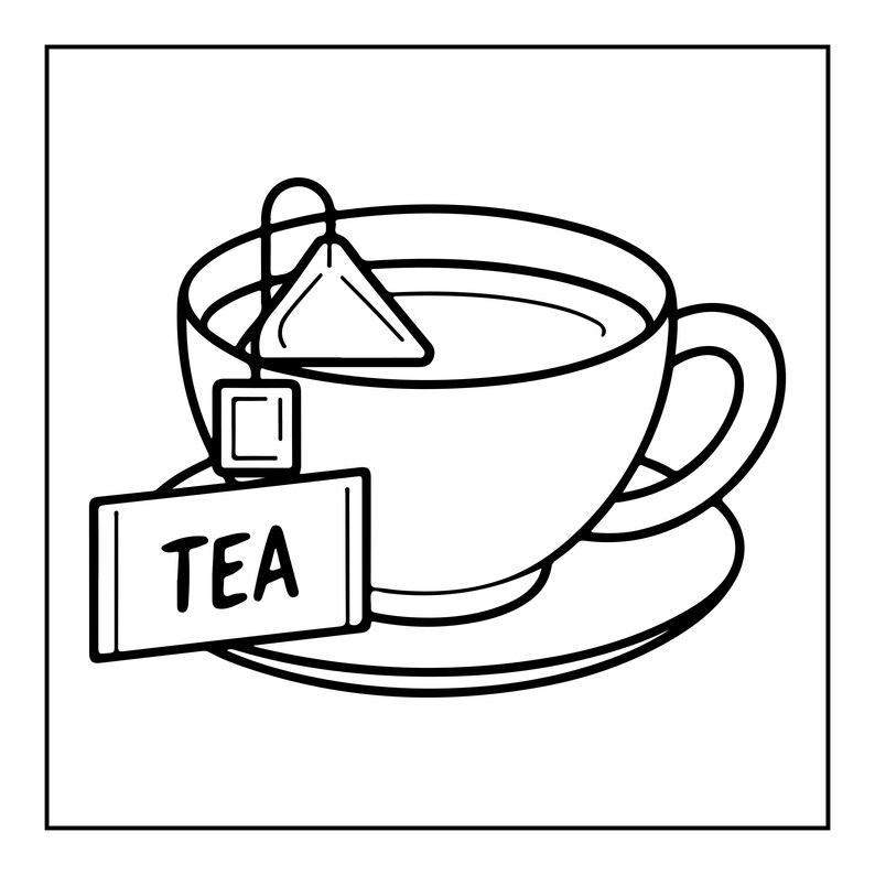 May include: A black and white line art illustration of a tea cup resting on a saucer. A pyramid-shaped tea bag is inside the cup, with a string attached to a rectangular tag that has the word TEA printed in bold, black capital letters.