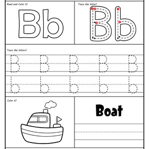 A printable worksheet page for the letter B featuring stroke order guides, dotted handwriting lines, an outline drawing of a boat, and alphabet recognition circles.