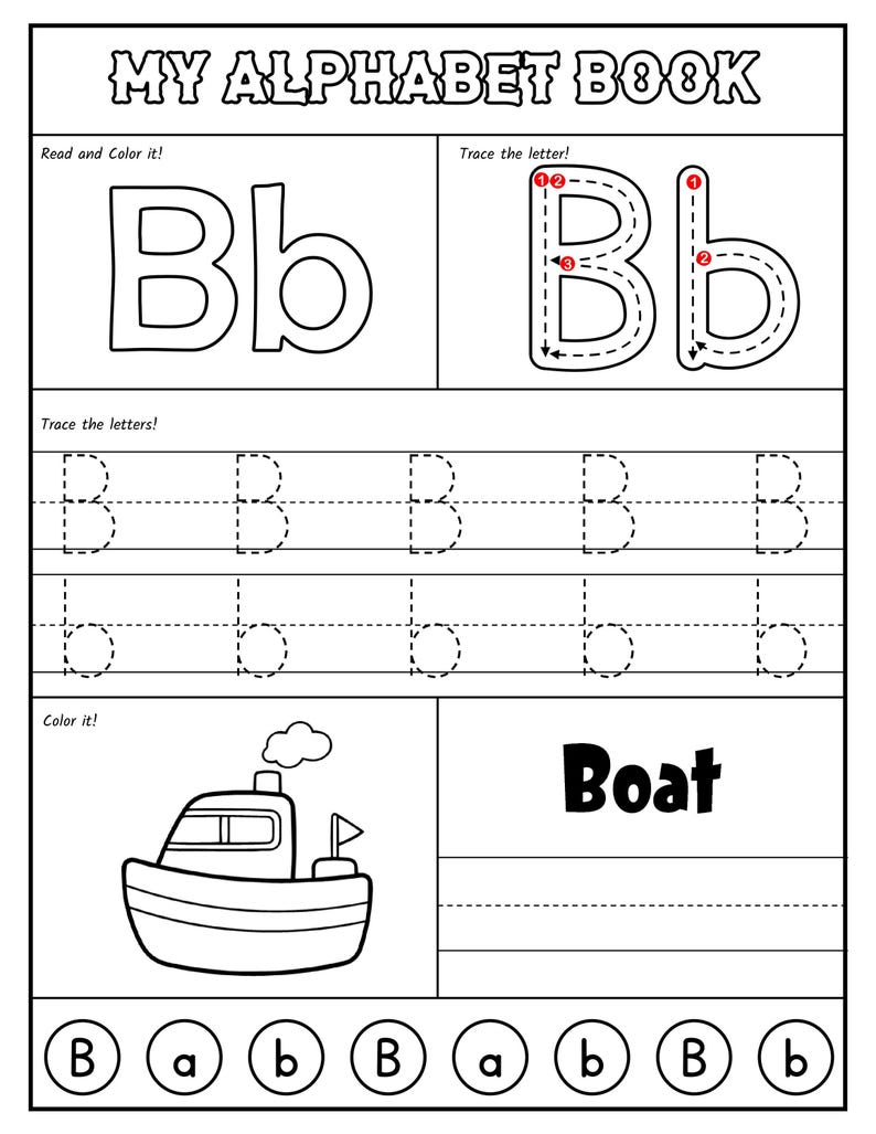 A printable worksheet page for the letter B featuring stroke order guides, dotted handwriting lines, an outline drawing of a boat, and alphabet recognition circles.