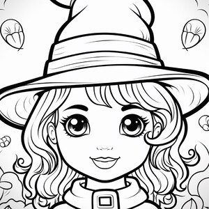 May include: A black and white line art colouring page featuring a character with wavy hair wearing a pointed hat with a band and buckle. The background includes stylised bat silhouettes and small floral elements surrounding the central figure.
