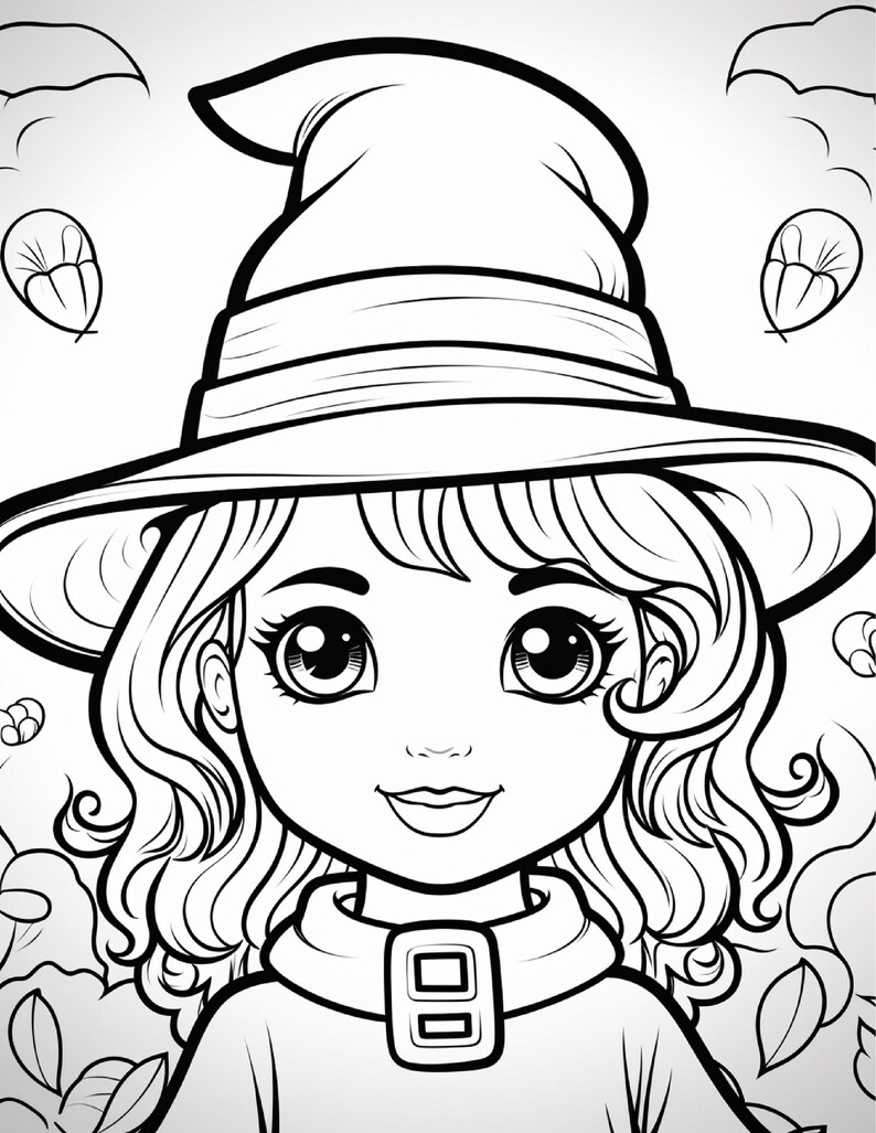 May include: A black and white line art colouring page featuring a character with wavy hair wearing a pointed hat with a band and buckle. The background includes stylised bat silhouettes and small floral elements surrounding the central figure.