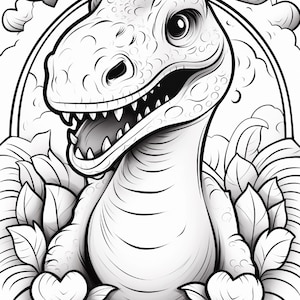 Pu&ograve; includere: Un'illustrazione in bianco e nero a tratto di un dinosauro con testa testurizzata e bocca aperta, circondato da foglie stilizzate e forme a cuore. Il dinosauro &egrave; incorniciato da un bordo ad arco, creando un chiaro disegno da colorare.