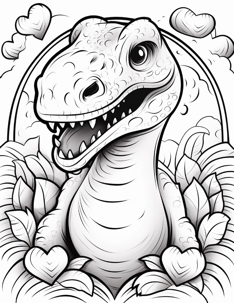 Pu&ograve; includere: Un'illustrazione in bianco e nero a tratto di un dinosauro con testa testurizzata e bocca aperta, circondato da foglie stilizzate e forme a cuore. Il dinosauro &egrave; incorniciato da un bordo ad arco, creando un chiaro disegno da colorare.