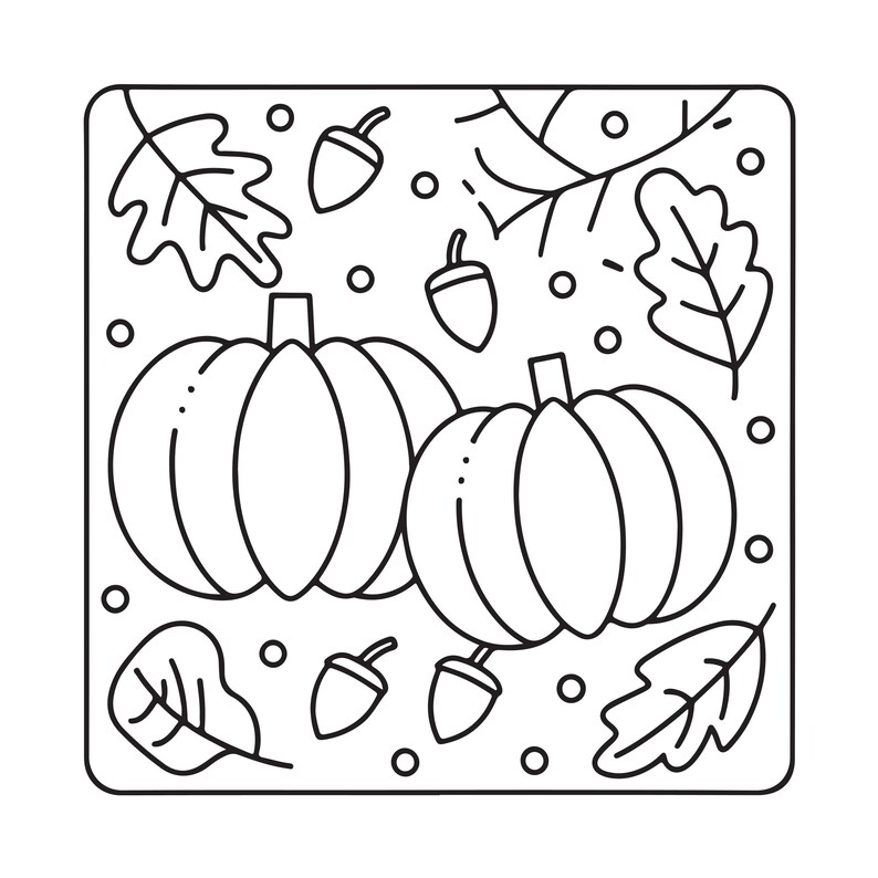 May include: A square black and white line art illustration featuring two pumpkins centered in the frame, surrounded by scattered oak leaves, small acorns, and circular dots. The design is enclosed within a rounded square border.