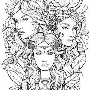 May include: A black and white line art illustration featuring three faces surrounded by dense foliage and leaves. The central figure wears a decorative headband, while the two figures above are framed by intricate floral and leaf patterns.