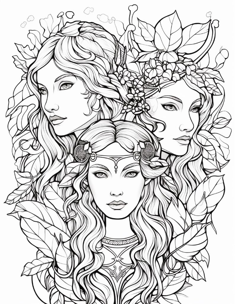 May include: A black and white line art illustration featuring three faces surrounded by dense foliage and leaves. The central figure wears a decorative headband, while the two figures above are framed by intricate floral and leaf patterns.
