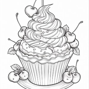 A black and white line art drawing of a cupcake with a swirl of frosting, topped with cherries and sprinkles.