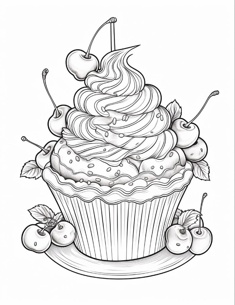A black and white line art drawing of a cupcake with a swirl of frosting, topped with cherries and sprinkles.