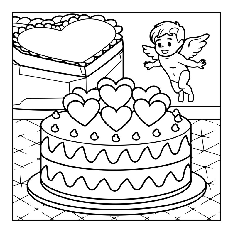 Pode incluir: Uma ilustra&ccedil;&atilde;o em preto e branco para colorir apresentando um bolo de duas camadas coberto com v&aacute;rias formas de cora&ccedil;&atilde;o, pequenos pontos decorativos e linhas onduladas. Uma pequena figura de querubim alado est&aacute; posicionada acima do bolo e uma grande caixa em forma de cora&ccedil;&atilde;o &eacute; vis&iacute;vel ao fundo.