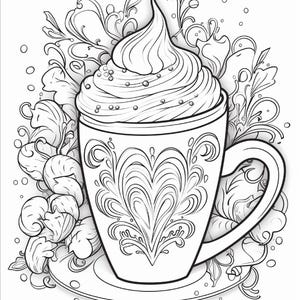 A black and white line art drawing of a mug with a heart design, topped with whipped cream, surrounded by leaves and berries.