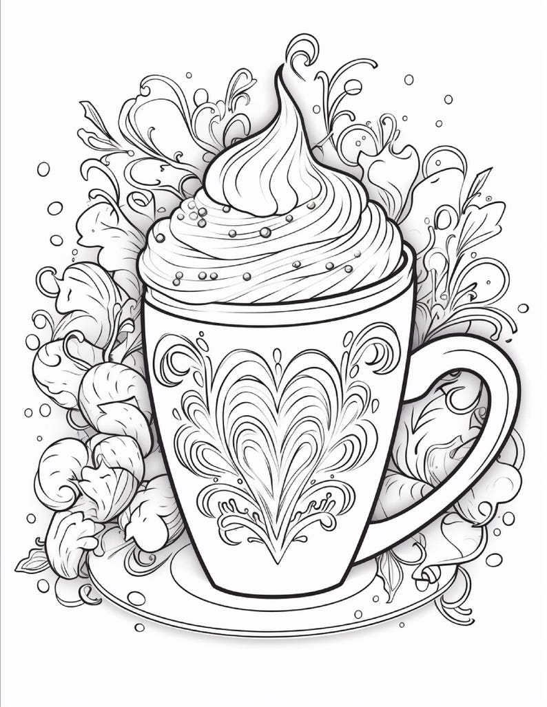 A black and white line art drawing of a mug with a heart design, topped with whipped cream, surrounded by leaves and berries.