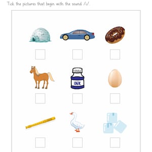 Op de afbeelding: Een fonetisch werkblad met de titel Tick the pictures that begin with the sound /i/. Het bevat een raster met negen illustraties: een iglo, een blauwe auto, een donut, een paard, een blauwe inktpot, een ei, een fluit, een gans en ijsblokjes.