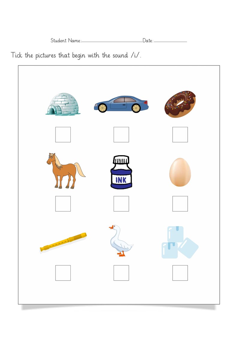 Op de afbeelding: Een fonetisch werkblad met de titel Tick the pictures that begin with the sound /i/. Het bevat een raster met negen illustraties: een iglo, een blauwe auto, een donut, een paard, een blauwe inktpot, een ei, een fluit, een gans en ijsblokjes.