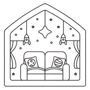 K&ouml;nnte beinhalten: Eine schwarz-wei&szlig;e Strichzeichnung in Hausform, die ein Sofa mit zwei gemusterten Kissen zeigt. &Uuml;ber dem Sofa h&auml;ngen zwei Raketen und ein Stern von der Decke. Der Hintergrund ist mit verstreuten Sternen und Kreisen sowie Vorh&auml;ngen an den Seiten gestaltet.