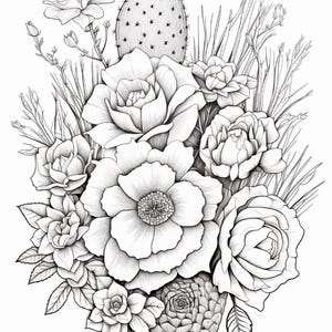 Pode incluir: Uma ilustra&ccedil;&atilde;o de arte linear em preto e branco apresentando um arranjo central de v&aacute;rias flores, incluindo grandes flores abertas e bot&otilde;es menores, intercalados com uma palma de cacto e longas hastes finas de grama.