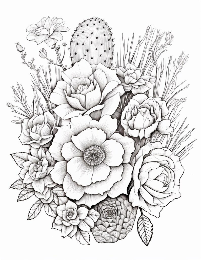 Pode incluir: Uma ilustra&ccedil;&atilde;o de arte linear em preto e branco apresentando um arranjo central de v&aacute;rias flores, incluindo grandes flores abertas e bot&otilde;es menores, intercalados com uma palma de cacto e longas hastes finas de grama.