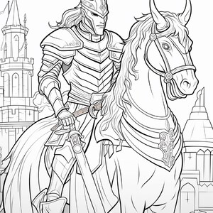 Op de afbeelding: Een zwart-witte lijntekening van een ridder in volledig harnas met een puntige helm, rijdend op een paard met hoorns. De ridder houdt een zwaard vast en op de achtergrond is een hoog stenen kasteel met torens en spitsen afgebeeld.