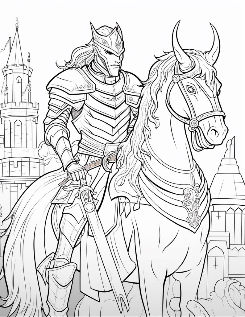 Op de afbeelding: Een zwart-witte lijntekening van een ridder in volledig harnas met een puntige helm, rijdend op een paard met hoorns. De ridder houdt een zwaard vast en op de achtergrond is een hoog stenen kasteel met torens en spitsen afgebeeld.