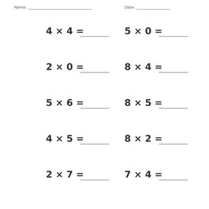 May include: A white educational worksheet titled Multiplication &bull; Single Digit with lines for Name and Date. It features ten math problems including 4x4, 5x0, 2x0, 8x4, 5x6, 8x5, 4x5, 8x2, 2x7, and 7x4. The bottom footer reads Multiplication &bull; Single Digit Practice Page 3 of 100.