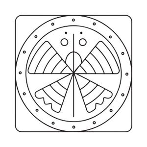 May include: A black and white line art graphic featuring a square frame enclosing a circle. Inside the circle, a symmetrical pattern of four fan-shaped segments with curved edges is displayed, accented by small circles along the outer border.