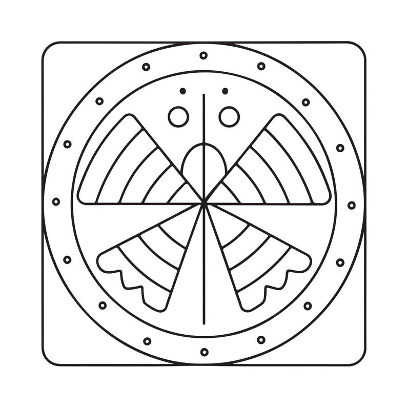 May include: A black and white line art graphic featuring a square frame enclosing a circle. Inside the circle, a symmetrical pattern of four fan-shaped segments with curved edges is displayed, accented by small circles along the outer border.