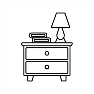 Peut inclure: Une illustration en noir et blanc au trait repr&eacute;sentant une table de chevet &agrave; deux tiroirs, avec une lampe et une pile de deux livres sur le dessus. La table poss&egrave;de quatre pieds courts et des boutons circulaires sur chaque tiroir.