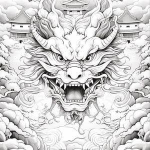 May include: A black and white line art illustration featuring a central dragon head with an open mouth, sharp teeth, and prominent horns. The background displays traditional East Asian architecture with tiered roofs surrounded by stylized clouds.