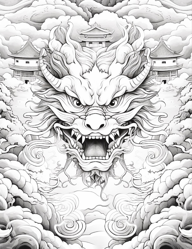 May include: A black and white line art illustration featuring a central dragon head with an open mouth, sharp teeth, and prominent horns. The background displays traditional East Asian architecture with tiered roofs surrounded by stylized clouds.