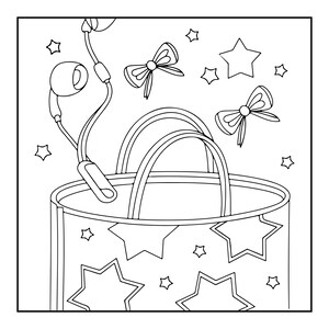 May include: A black and white line art colouring page featuring a shopping bag decorated with star patterns. The bag has two handles and is surrounded by floating elements including two bows, several small stars, and a pair of wired earphones.