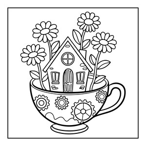 Peut inclure: Une illustration en noir et blanc au trait repr&eacute;sentant une petite maison nich&eacute;e dans une tasse &agrave; th&eacute;. La tasse est d&eacute;cor&eacute;e de divers engrenages m&eacute;caniques. Trois grandes marguerites &eacute;mergent derri&egrave;re la maison, dot&eacute;e d'une porte et de fen&ecirc;tres.