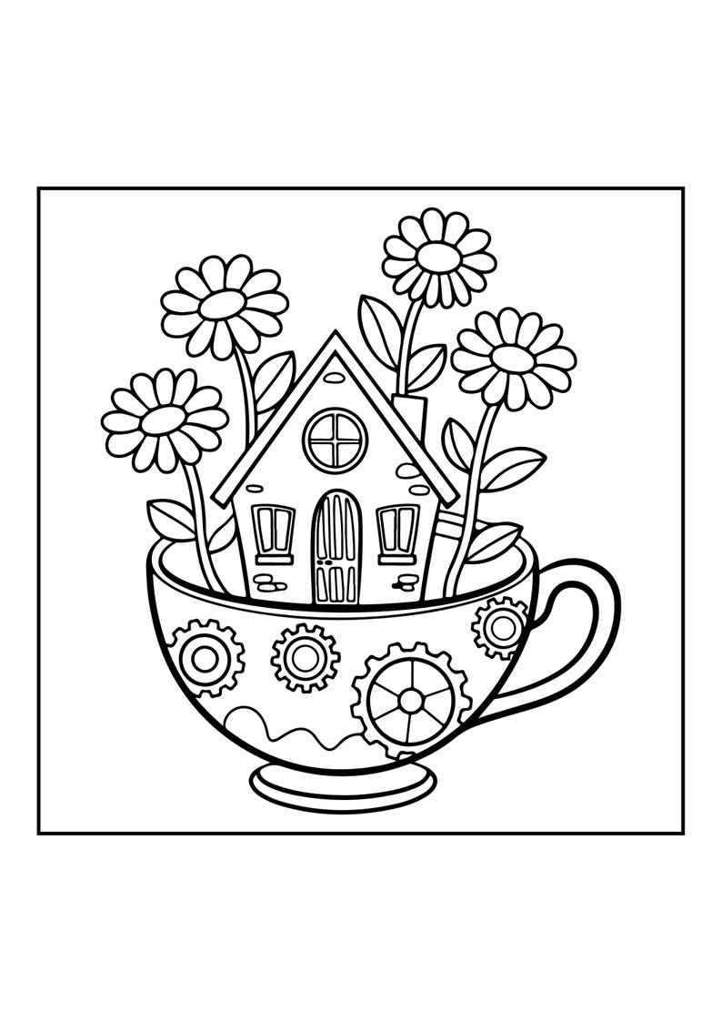 Peut inclure: Une illustration en noir et blanc au trait repr&eacute;sentant une petite maison nich&eacute;e dans une tasse &agrave; th&eacute;. La tasse est d&eacute;cor&eacute;e de divers engrenages m&eacute;caniques. Trois grandes marguerites &eacute;mergent derri&egrave;re la maison, dot&eacute;e d'une porte et de fen&ecirc;tres.
