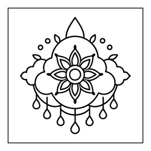 Pu&ograve; includere: Un'illustrazione in bianco e nero a linee sottili con un fiore centrale a otto petali racchiuso in una cornice a forma di nuvola. Il design include un elemento superiore appuntito, piccoli accenti circolari e cinque gocce pendenti.