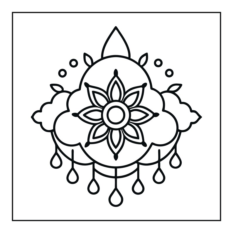 Pu&ograve; includere: Un'illustrazione in bianco e nero a linee sottili con un fiore centrale a otto petali racchiuso in una cornice a forma di nuvola. Il design include un elemento superiore appuntito, piccoli accenti circolari e cinque gocce pendenti.
