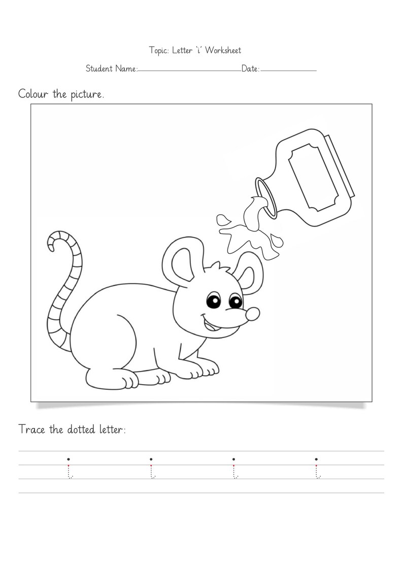 Op de afbeelding: Een zwart-wit werkblad getiteld Topic: Letter 'i' Worksheet. Het bevat een lijntekening van een muis met een fles die vloeistof op zijn kop giet, en een sectie onderaan om de gestippelde kleine letter i over te trekken.